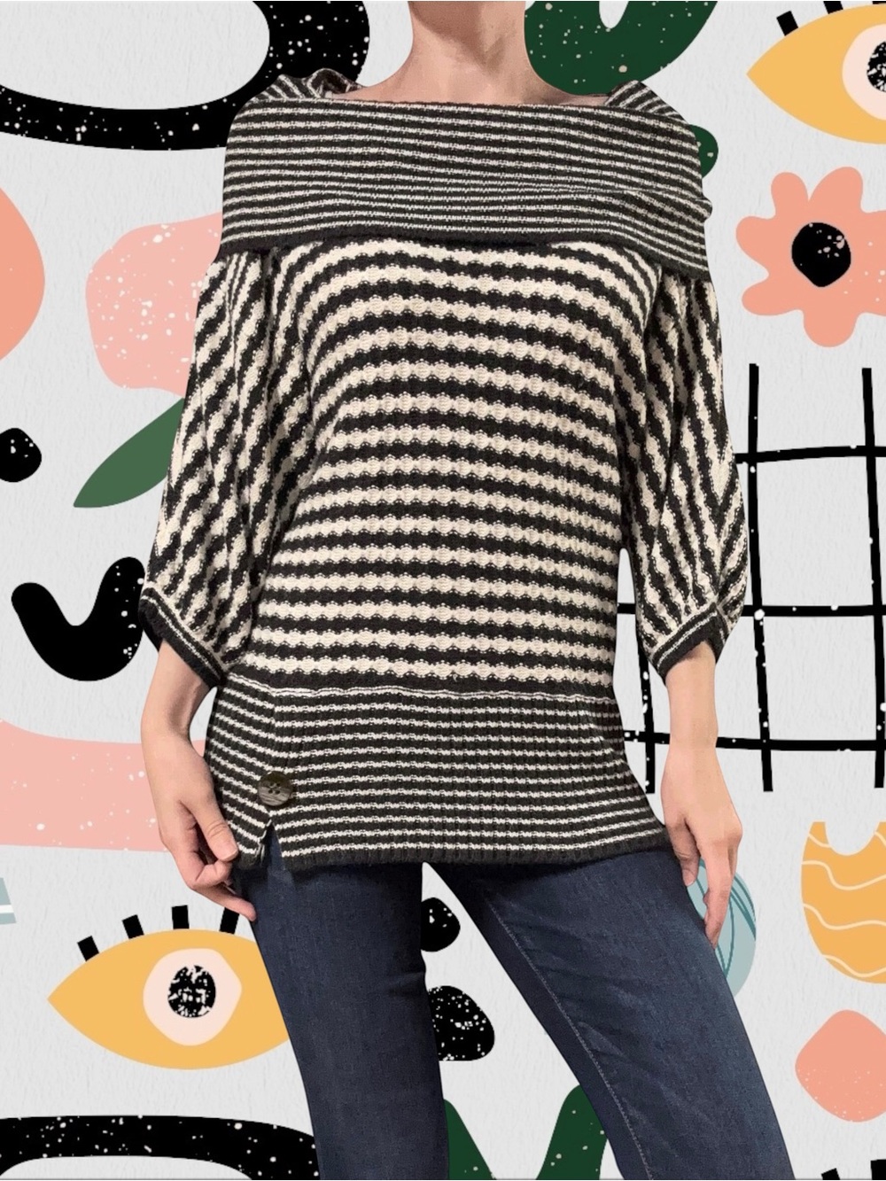 Arden B. | Y2K Cowl Off The Shoulder Striped Knit Banded Bottom Dolman Sweater